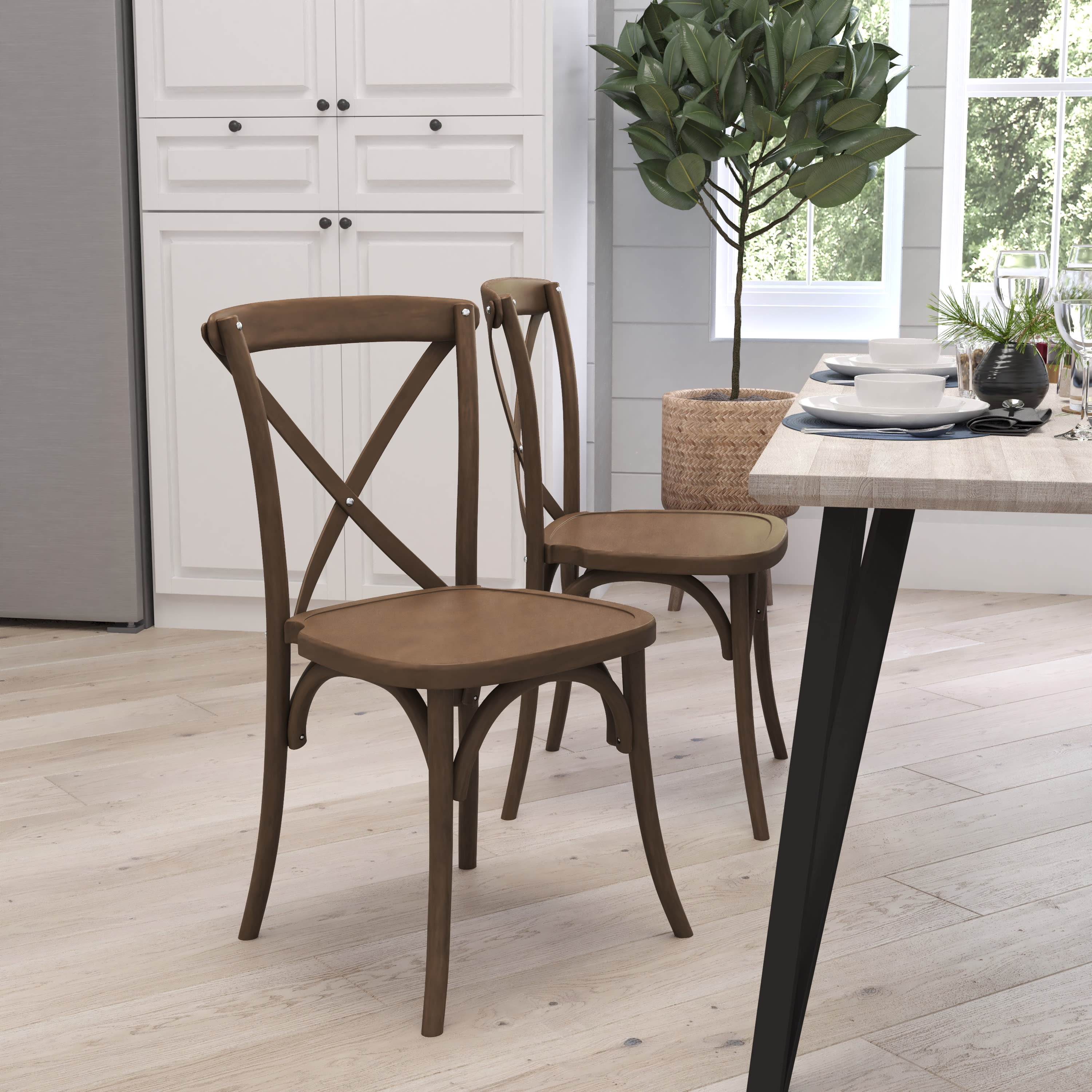 Light Brown High Back Cross Back Wooden Side Chair