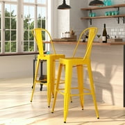 Merrick Lane Yellow 30" High Metal Bar Height Stool with Removable Back for Indoor-Outdoor Use