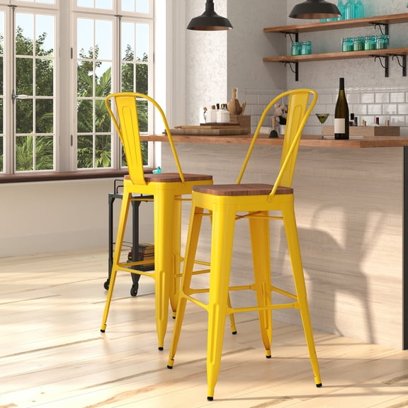 Merrick Lane Yellow Metal Bar Stool with Curved Slatted Back and Wood Seat (Set of 1)