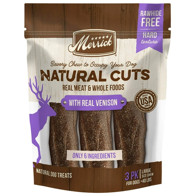 Merrick Natural Cuts Chicken Free Non Rawhide Large Breed Dog Treats Hard Texture Chew Sticks With Venison Pack of 6 3 ct. Pouches KK25 Walmart