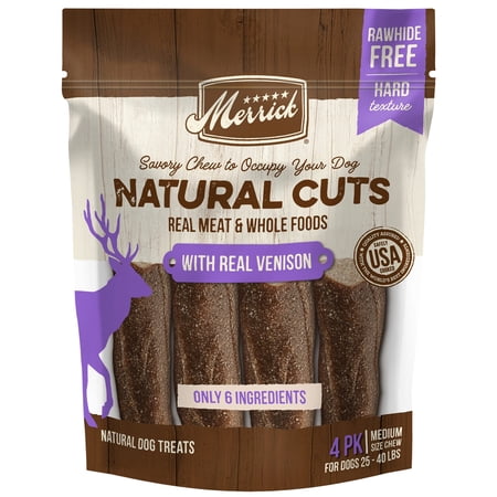 Merrick Natural Cuts Medium Dog Treats with Rawhide Free Real Vension Chews, 10 oz Pouch (4 Count)