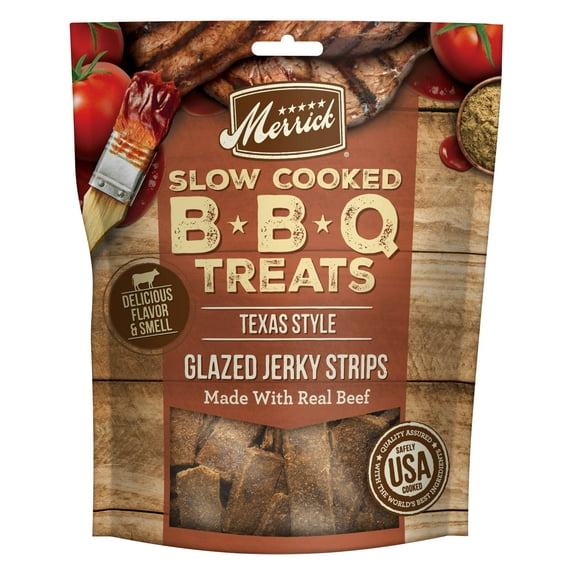 Merrick Dog Jerky, Slow Cooked BBQ Beef Dog Treats, Texas Style Glazed Jerky Strips, Beef Jerky Dog Treats, 10 oz. Pouch