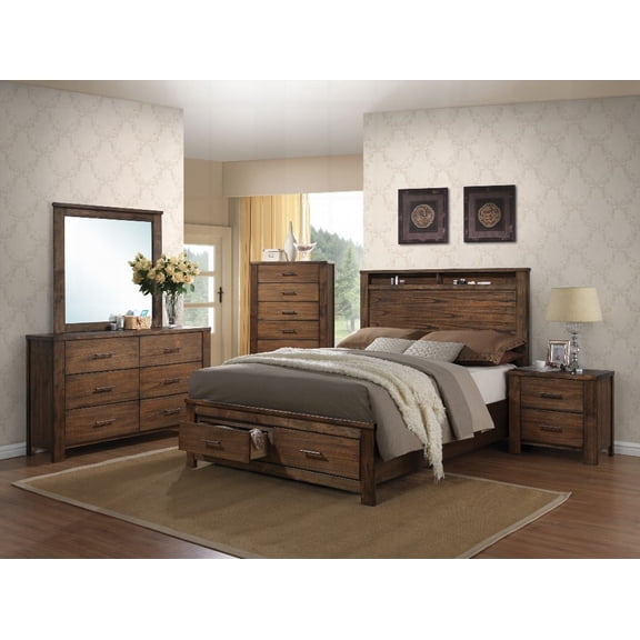 Merrilee Oak Finish EK Bed with Storage - No Box Spring Needed, Sturdy Foundation