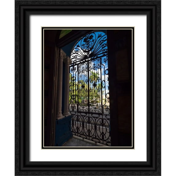 Merrill Images 19x24 Black Ornate Wood Framed with Double Matting Museum Art Print Titled - Cuba-Camaguey-UNESCO World Heritage Site-wrought iron grill in giant window of colonial mansion