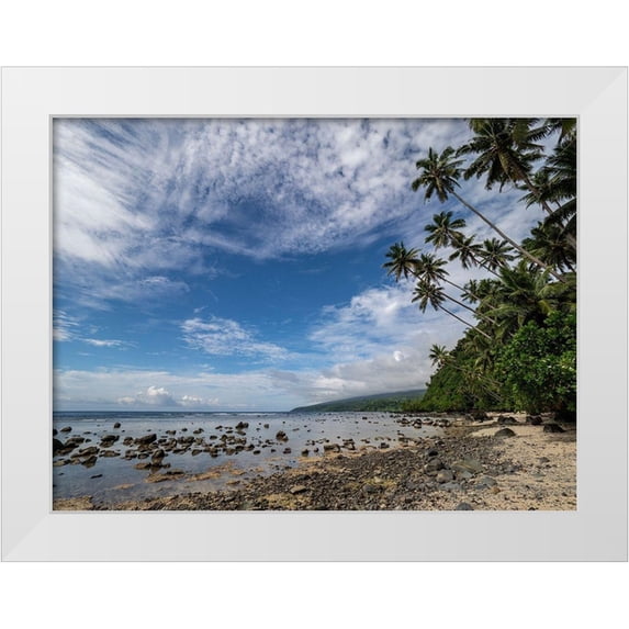 Merrill Images 24x19 White Modern Wood Framed Museum Art Print Titled - Fiji-Taveuni Island Beach with palm trees and white clouds