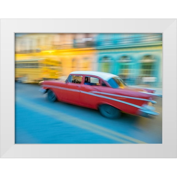 Merrill Images 32x25 White Modern Wood Framed Museum Art Print Titled - Caribbean-Cuba-Havana-Havana Vieja-UNESCO World Heritage Site-classic car in motion