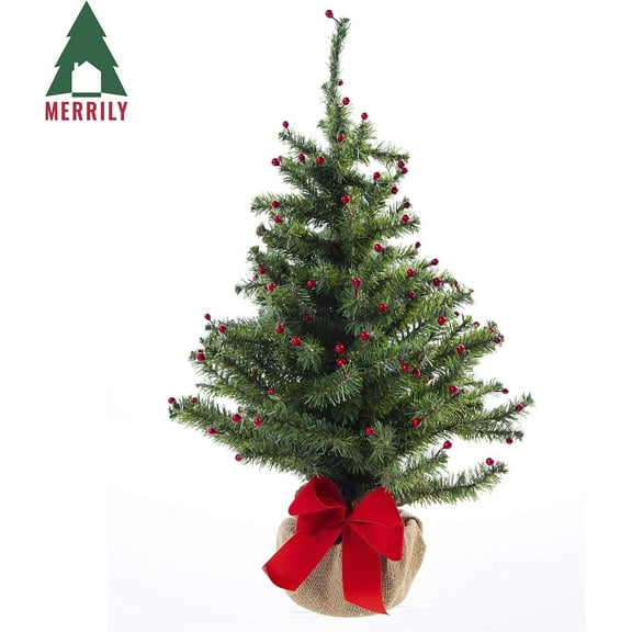 Merrily Norway Fir Tabletop Tree with Berries, 24 inch Height, Green