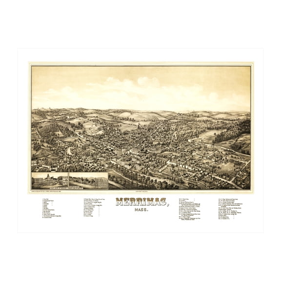 Merrimac Art, 1889 Vintage Map of Merrimac Massachusetts, MA History Wall Decor Gift, Old Merrimac Map - 36" x 24" Unframed Print