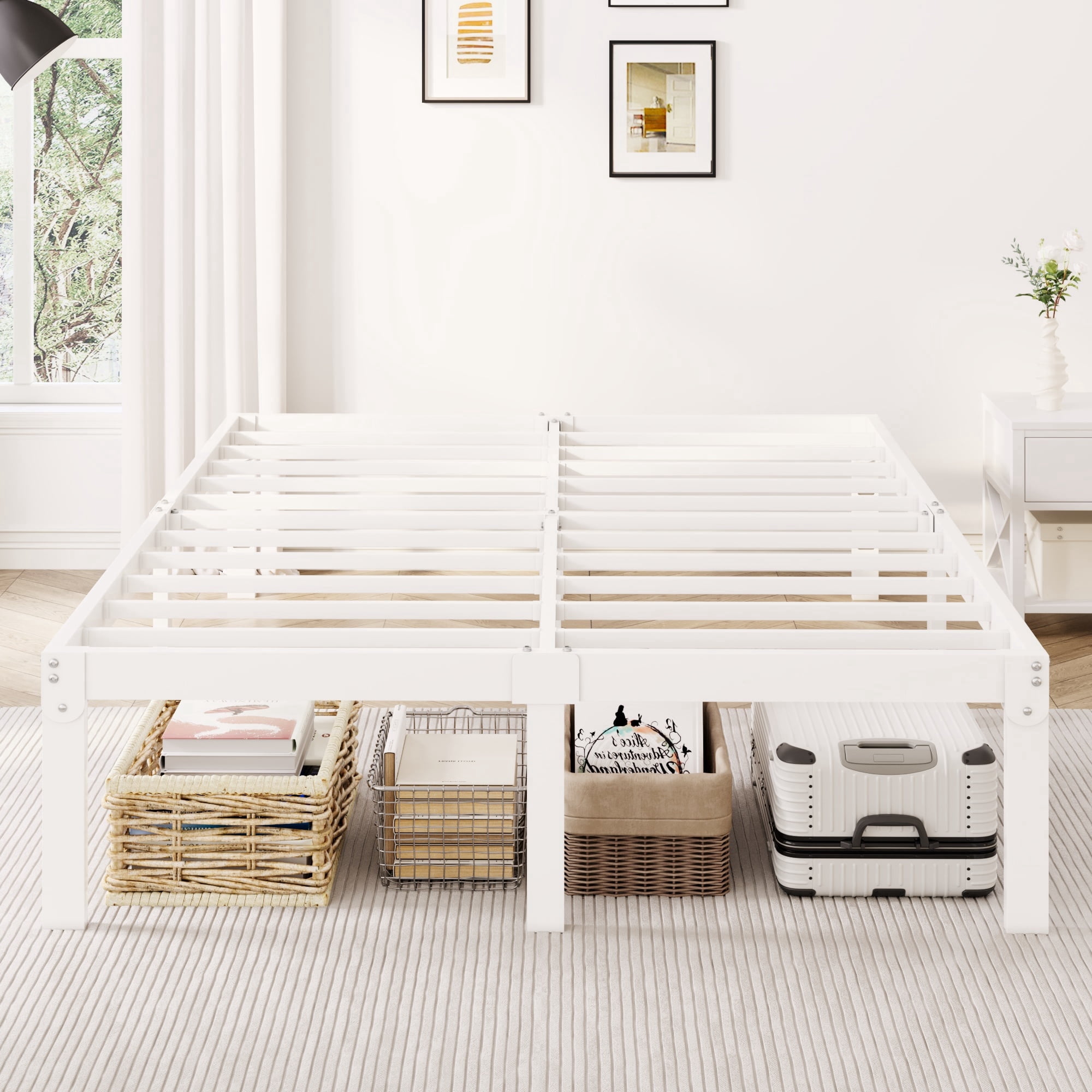 Merrland 12 Inch Queen Size Metal Platform Bed Frame, Heavy-Duty, Under-Bed Storage Space, Easy Assembly, Headboard Compatible, White