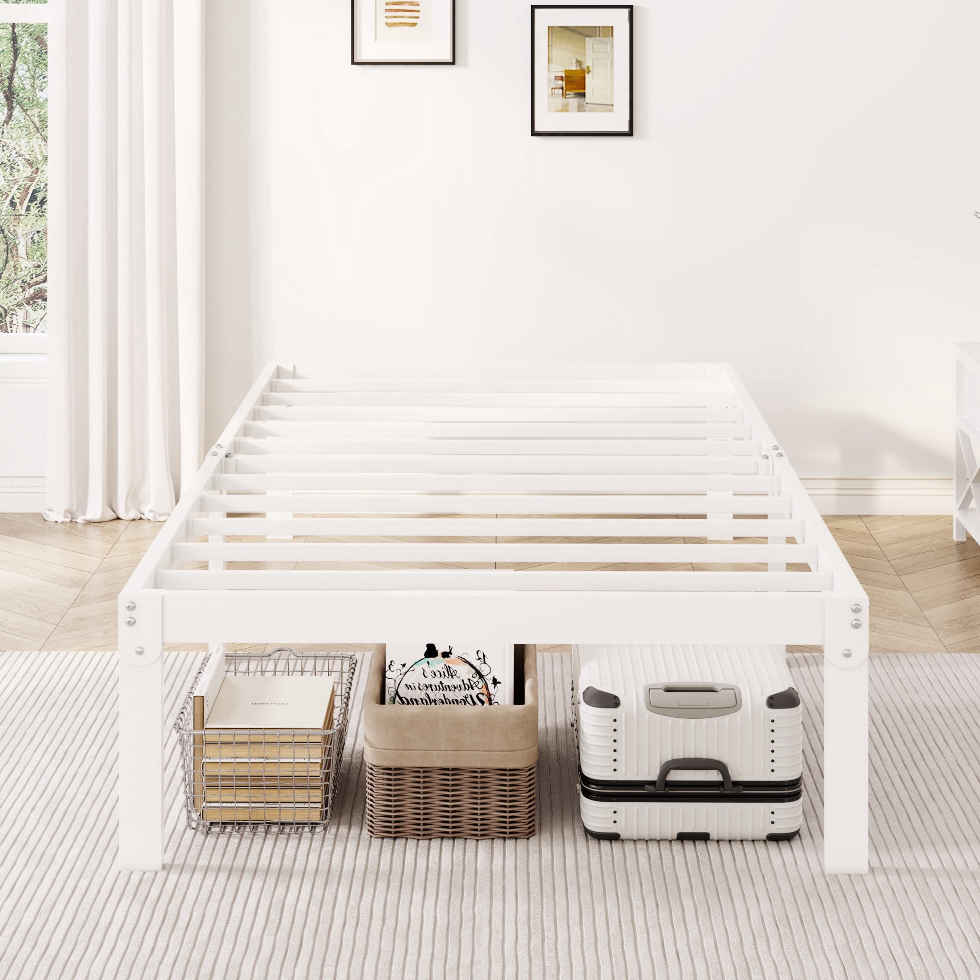 Merrland 12 Inch Twin Size Metal Platform Bed Frame, Heavy-Duty, Under-Bed Storage Space, Easy Assembly, Headboard Compatible, White