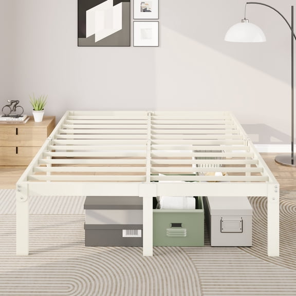Merrland 14" Queen Size Metal Platform Bed Frame with Under-bed Storage, Heavy-duty, No Box Spring Needed, Easy Assembly, Cream White