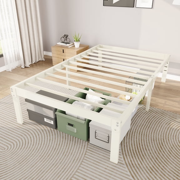 Merrland 14" Twin Size Metal Platform Bed Frame with Under-bed Storage, Heavy-duty, No Box Spring Needed, Easy Assembly, Cream White