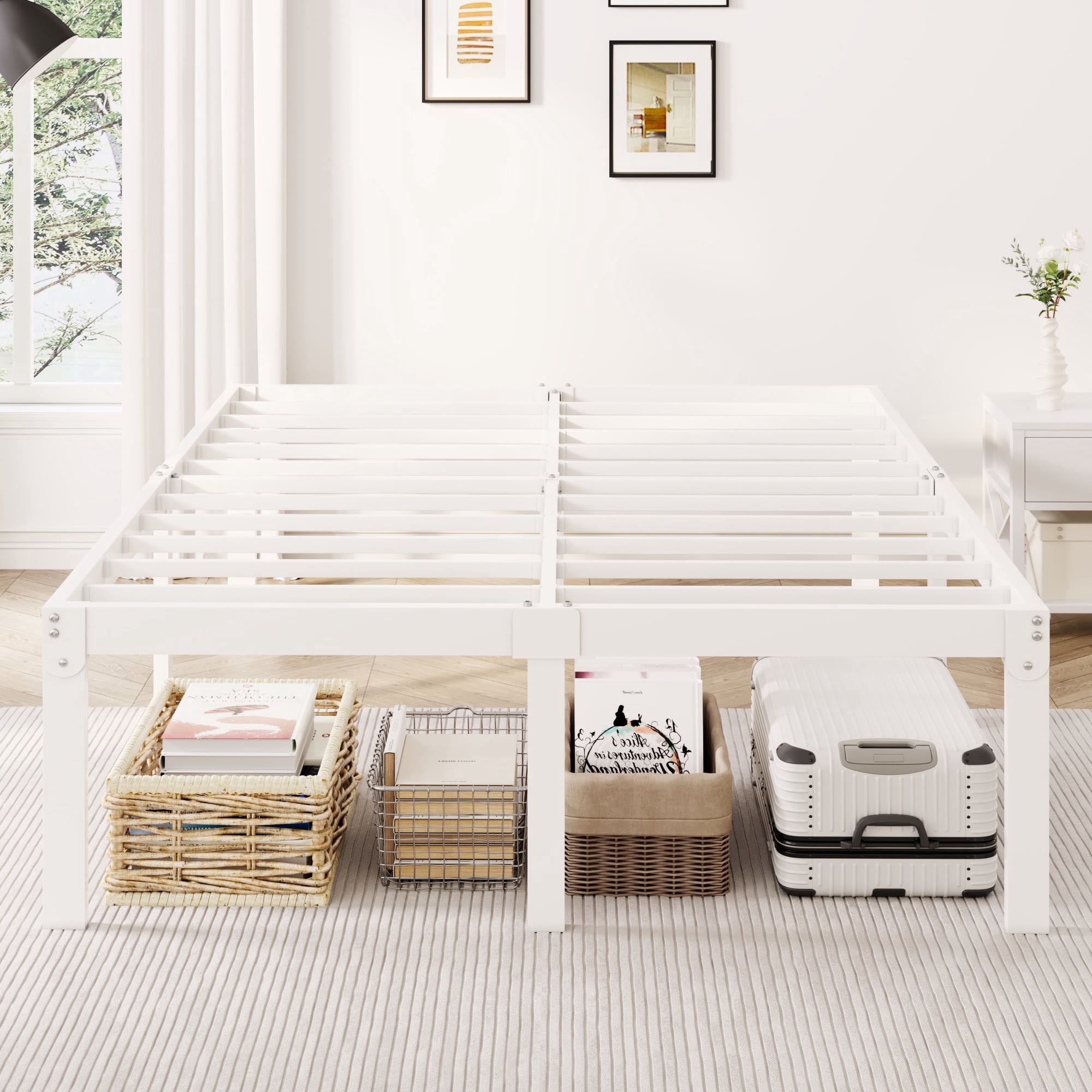 Merrland 18" Queen Size Metal Platform Bed Frame, Heavy-Duty, Ample Under-Bed Storage, No Box Spring Needed, White