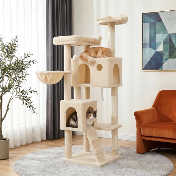 Merrland 64" Large Cat Tree Tower with Scratching Posts & Condo for Indoor Cats, Plush Basket & Scratching Ramp, Cat Furniture, Beige