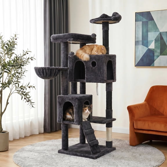 Merrland 64" Large Cat Tree Tower with Scratching Posts & Condo for Indoor Cats, Plush Basket & Scratching Ramp, Cat Furniture, Blue