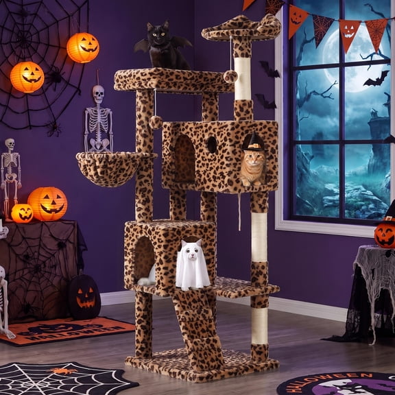 Merrland 64" Large Cat Tree Tower with Scratching Posts & Condo for Indoor Cats, Plush Basket & Scratching Ramp, Cat Furniture, Leopard Print