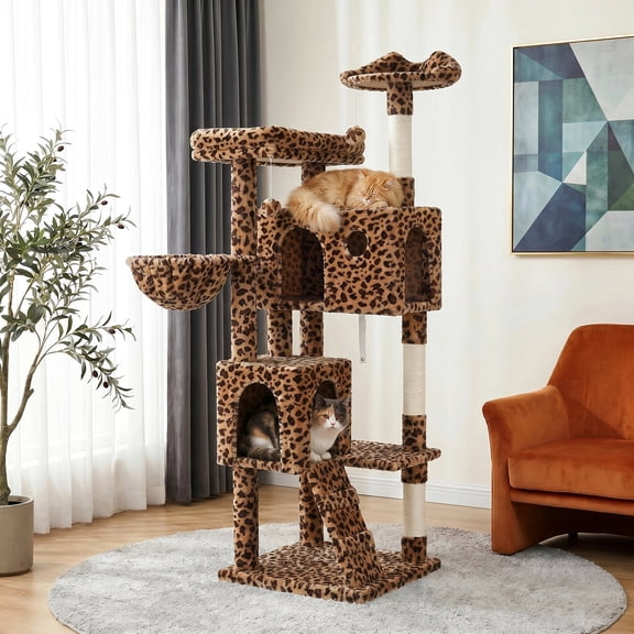 Merrland 64" Large Cat Tree Tower with Scratching Posts & Condo for Indoor Cats, Plush Basket & Scratching Ramp, Cat Furniture, Leopard Print