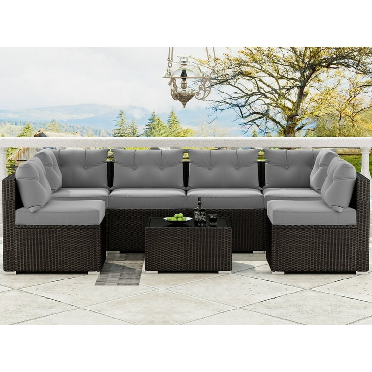 Merrland 7 Pieces Patio Sofa Set Outdoor Furniture Sectional All Weather Wicker Rattan Sofa with Back Cushions Garden Lawn Pool Backyard Outdoor Sofa Conversation Set Grey Walmart
