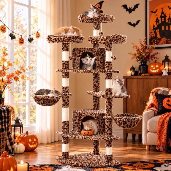 Merrland 73" Large Cat Tree Tower for Indoor Cats, Fan-Shaped Base Multi-Level Cat Condo with Top Perches, Cat Baskets & Sisal Scratching Posts, Leopard Print