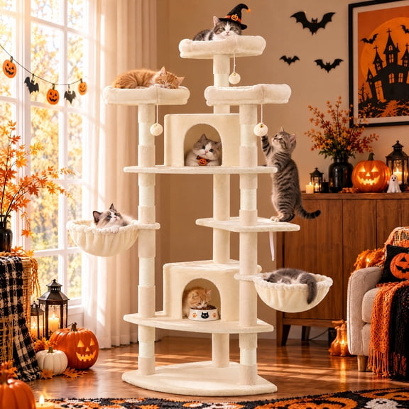 Merrland 73" Large Cat Tree Tower for Indoor Cats, Fan-Shaped Base Multi-Level Cat Condo with Top Perches, Cat Baskets & Sisal Scratching Posts, Leopard Print