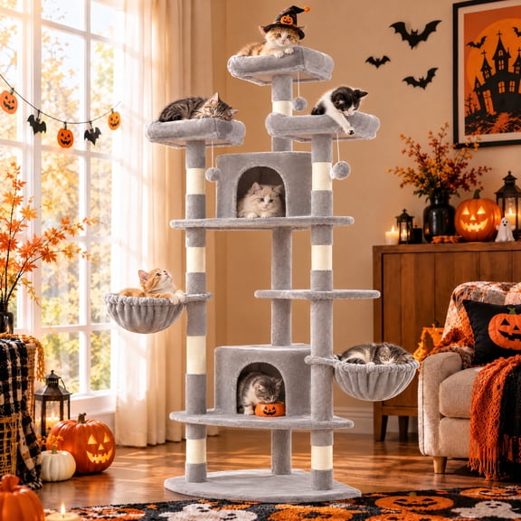 Merrland 73" Large Cat Tree Tower for Indoor Cats, Fan-Shaped Base Multi-Level Cat Condo with Top Perches, Cat Baskets & Sisal Scratching Posts, Grey