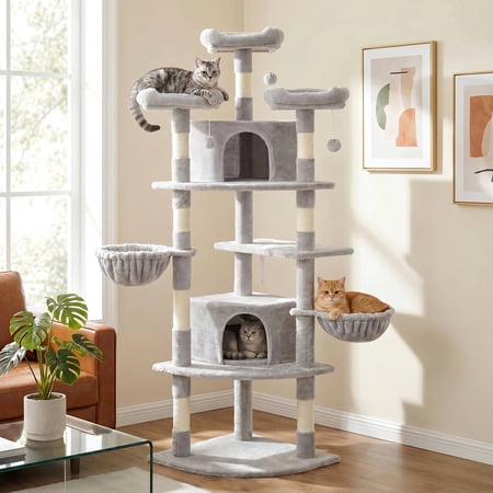 Merrland 73" Large Cat Tree Tower for Indoor Cats, Fan-Shaped Base Multi-Level Cat Condo with Top Perches, Cat Baskets & Sisal Scratching Posts, Grey