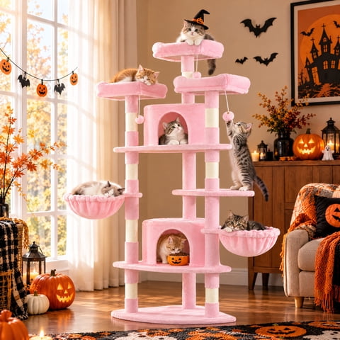 Merrland 73" Large Cat Tree Tower for Indoor Cats, Fan-Shaped Base Multi-Level Cat Condo with Top Perches, Cat Baskets & Sisal Scratching Posts, Pink