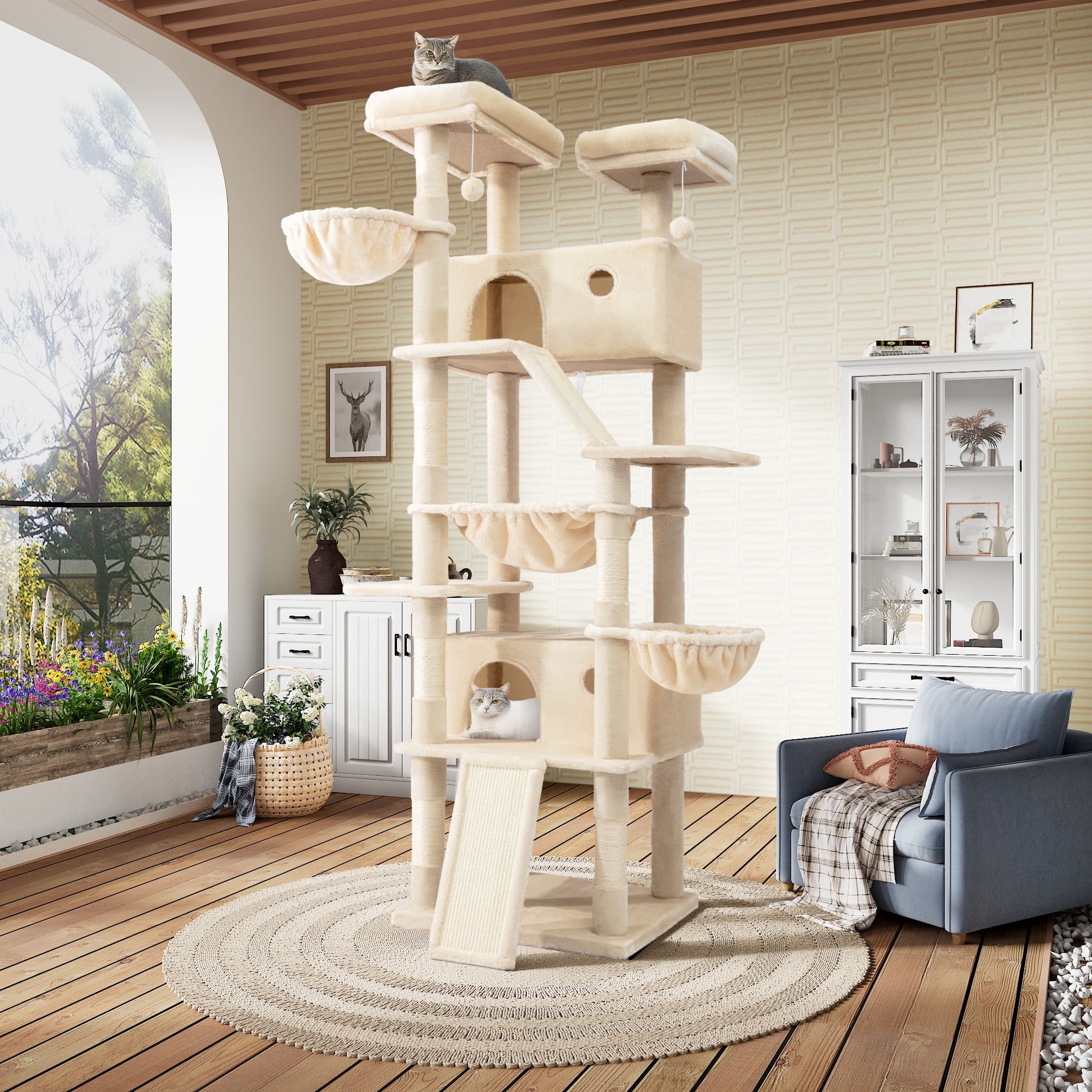 Sha Cerlin 81" Large Cat Tree Tower with Cat Condo & Hammock, Multi-Level & Sisal Scratching Post, Beige