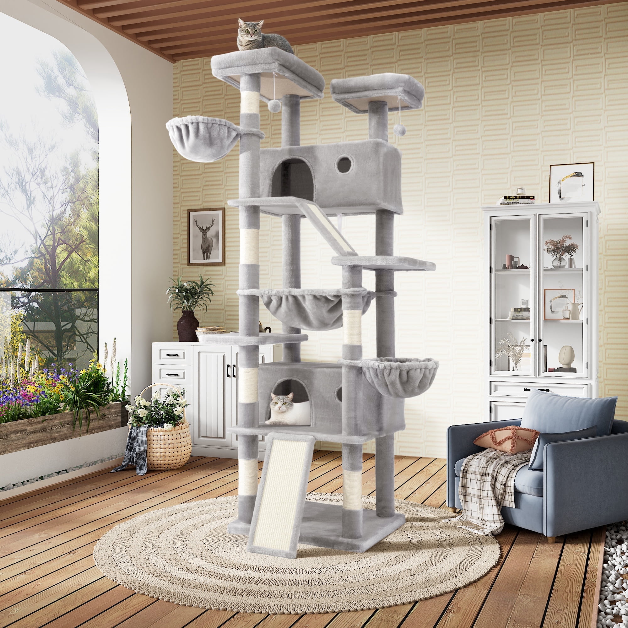 Sha Cerlin 81" Large Cat Tree Tower with Cat Condo & Hammock, Multi-Level & Sisal Scratching Post, Grey