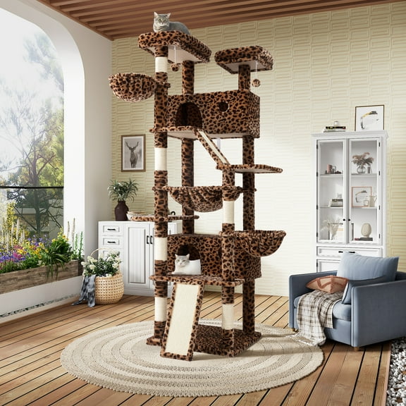 Sha Cerlin 81" Large Cat Tree Tower with Cat Condo & Hammock, Multi-Level & Sisal Scratching Post, Leopard Print