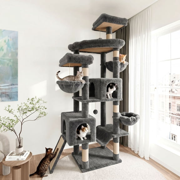 Merrland 82" Multi-Level Large Cat Tree Tower for Indoor Kitties, Cat Furniture with Plush Condo Hammock Top Perch, Sisal Scratching Posts & Ramp, Gray