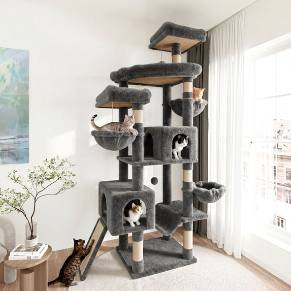 Merrland 82" Multi-Level Large Cat Tree Tower for Indoor Kitties, Cat Furniture with Plush Condo Hammock Top Perch, Sisal Scratching Posts & Ramp, Gray