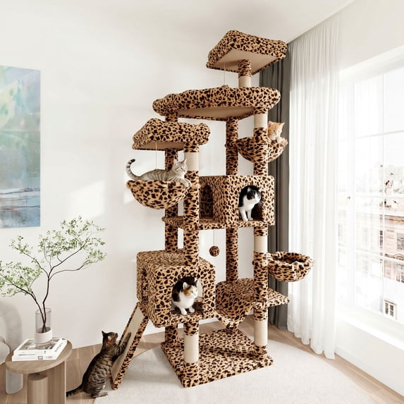 Merrland 82" Multi-Level Large Cat Tree Tower for Indoor Kitties, Cat Furniture with Plush Condo Hammock Top Perch, Sisal Scratching Posts & Ramp, Leopard Print