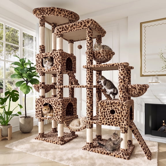 Merrland 83" Extra Large Cat Tree for Indoor Cats, Multi-Level Cat Tower with 3 Condos, Sisal Scratching Posts & Board, Hammock, Leopard Print