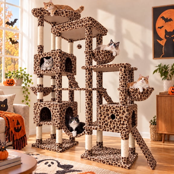 Merrland 83" Extra Large Cat Tree for Indoor Cats, Multi-Level Cat Tower with 3 Condos, Sisal Scratching Posts & Board, Hammock, Leopard Print