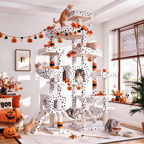 Merrland 83" Multi-Level Large Cat Tree with 2 Condos, Plush Perches, Sisal Scratching Posts, Hammocks & Toys for All Cats, White and Black Spot
