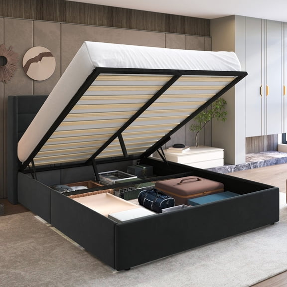 Sha Cerlin Full Size Velvet Lift Up Hydraulic Storage Bed Frame, Platform Bed with Upholstered Wingback Headboard, No Box Spring Needed, Black