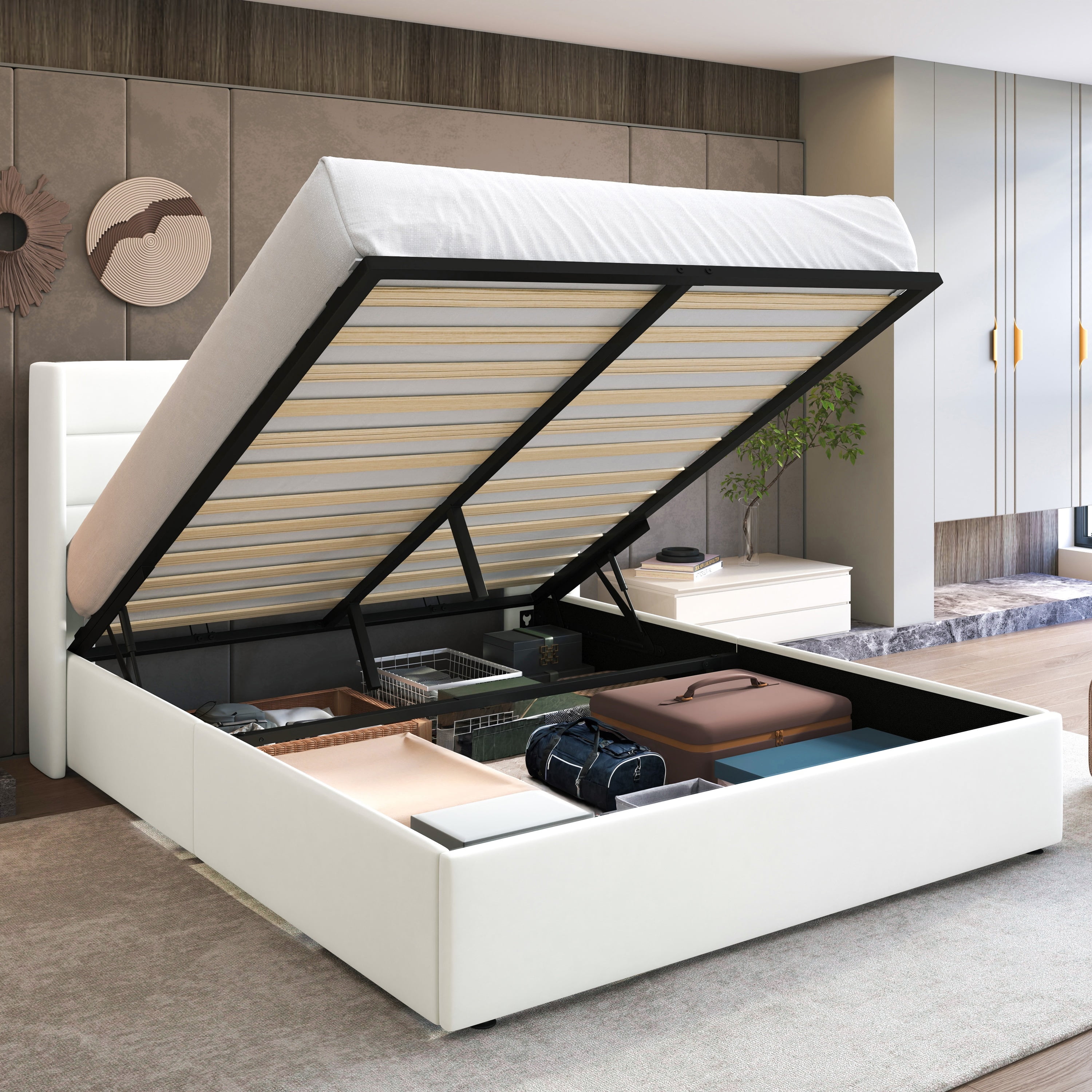 SHA CERLIN Queen Size Beige Wooden Upholstered Bed Frame SHA CERLIN Queen Size Beige Wooden Upholstered Bed Frame