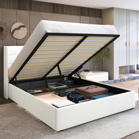 Sha Cerlin Full Size Velvet Lift Up Hydraulic Storage Bed Frame, Platform Bed with Upholstered Wingback Headboard, No Box Spring Needed, White