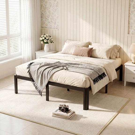 Merrland Queen Bed Frame, 14" Metal Platform Bed Frame with Fan-Shaped Legs, 3500 lbs Capacity, Under-Bed Storage Space, Easy Assembly, Black