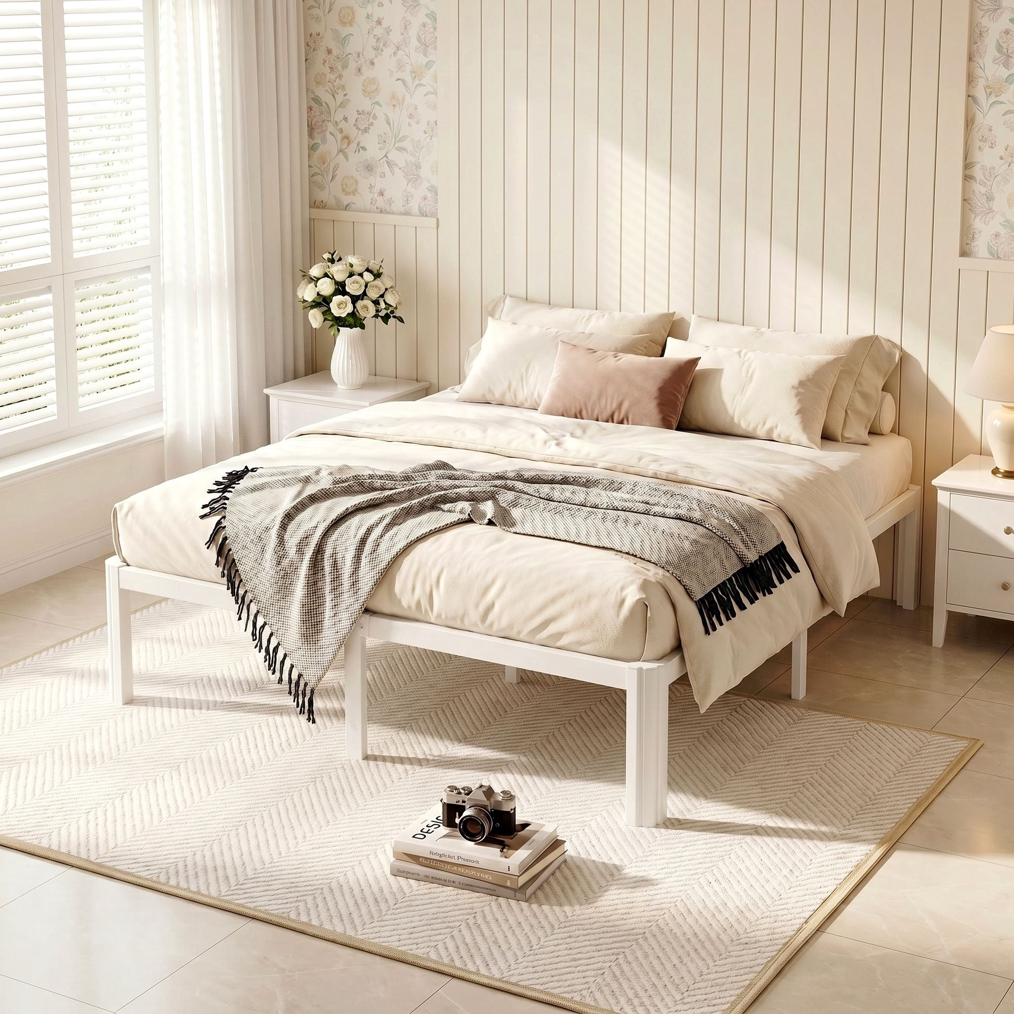 Merrland Queen Bed Frame, 14" Metal Platform Bed Frame with Fan-Shaped Legs, 3500 lbs Capacity, Under-Bed Storage Space, Easy Assembly, White