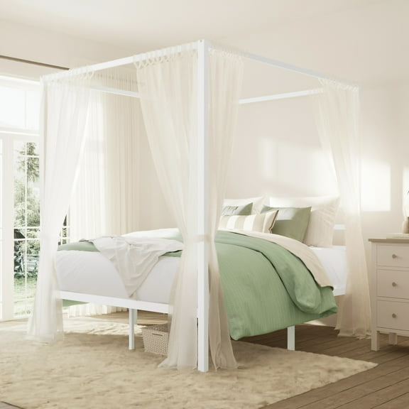 Merrland Queen Size Bed Frame, Canopy Platform Bed with Metal Headboard, No Box Spring Needed, White