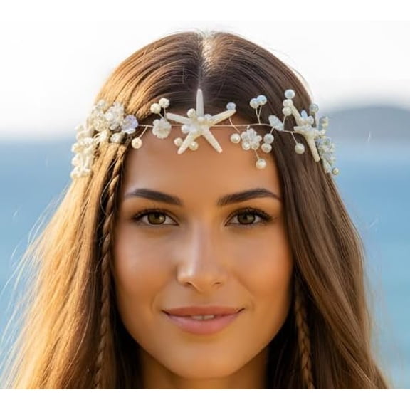 Merrmaid Crown Seashell Headpiece, White Boho Starfish Tiara | Sea Shell Headband Hair Accessories, Women Bride Wedding, Summer Beach Princess Costume Headwear