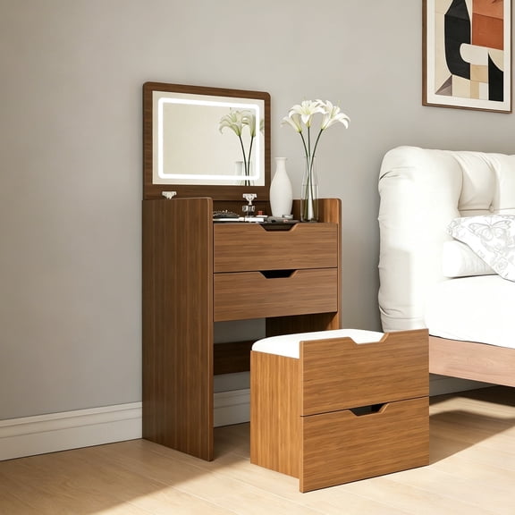 Merronix 3-in-1 Vanity Desk with Flip Top Lighted Mirror & Storage Stool, 18.9"L Makeup Dressing Table with Drawers for Bedroom, Apartment, Walnut