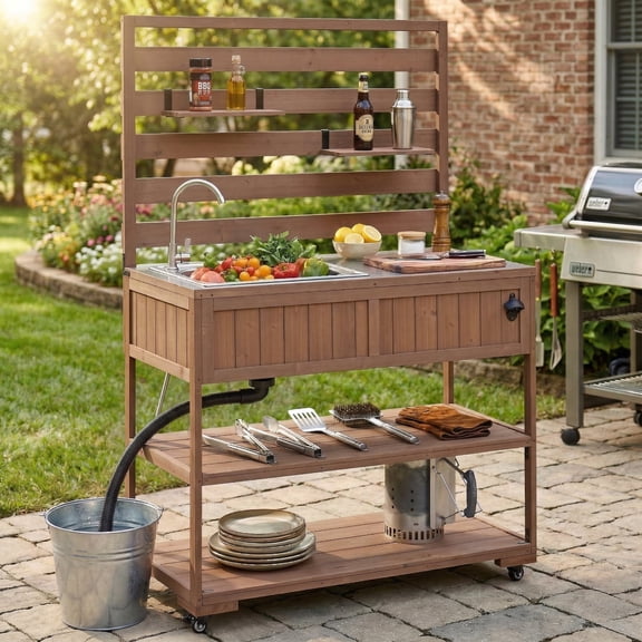 Merronix 41.7'' Large Patio Rolling Kitchen Island Solid Outdoor Kitchen Cart with Sink, 2 Movable Shelves and 1 Bottle Opener, Brown