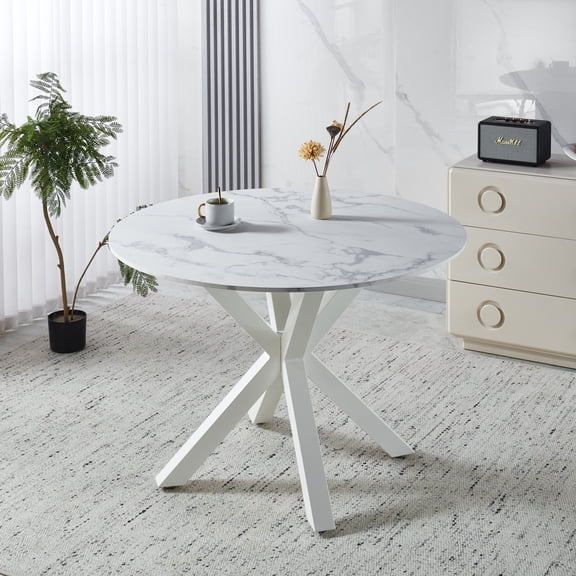 Merronix 42.1" Round Dining Table for 4-6 People, Mid-Century Kitchen Tulip Table for Dining Room, White with Pattern