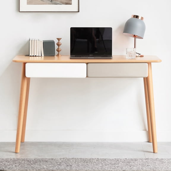 Merronix 47" Modern Wood Desk with 2 Drawers, Computer Desk with Rounded Corners for Home Office, Natural