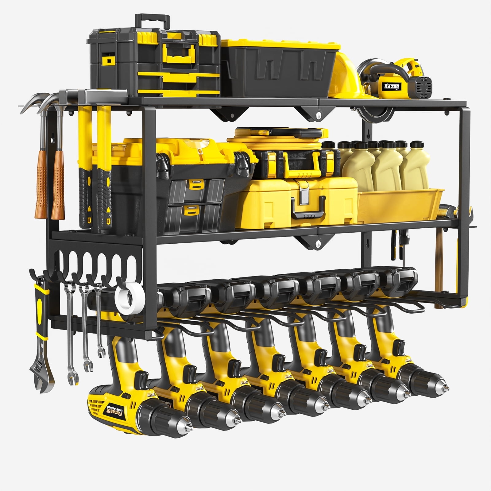Merronix Power Tool Storage Organizer, 3 Tier Heavy Duty Metal Wall Mounted Garage Tool Storage Rack with 7 Drill Holders & Hooks, Black