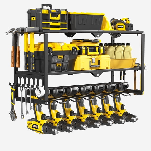 Merronix Power Tool Storage Organizer, 3 Tier Heavy Duty Metal Wall Mounted Garage Tool Storage Rack with 7 Drill Holders & Hooks, Black