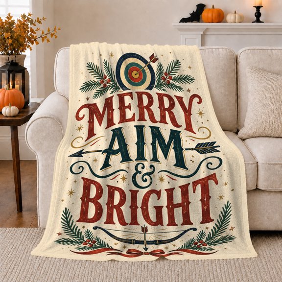 Merry Aim Bright Target with Pine Berries, Vintage Holiday Style for Archery Fans, Cream Festive Quote Scene and Christmas Gift, Cozy Flannel Blanket for Bedroom and Living Room, Home Decor